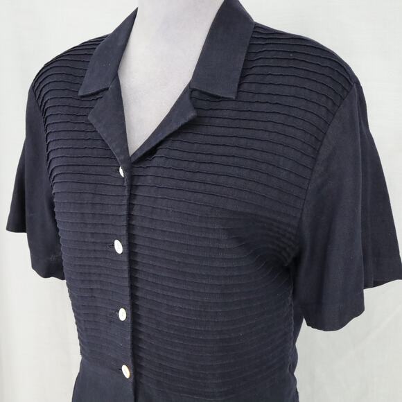 Talbots Dress Womens 16 Dark Navy Blue Linen Blend Pleated Short Sleeve Vintage - Picture 8 of 14